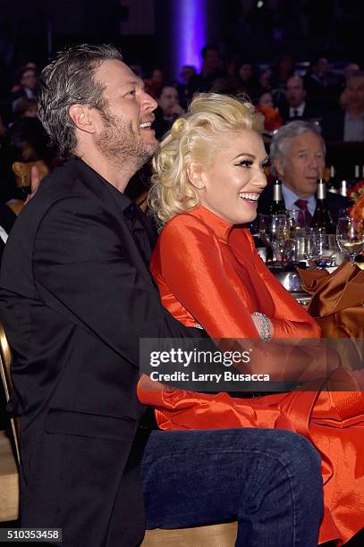 Recording artists Blake Shelton and Gwen Stefani attend the 2016 Pre-GRAMMY Gala and Salute to Industry Icons honoring Irving Azoff at The Beverly...