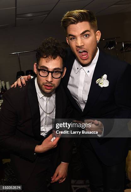 Recording artists Jack Antonoff and Adam Lambert after performing during the 2016 Pre-GRAMMY Gala and Salute to Industry Icons honoring Irving Azoff...