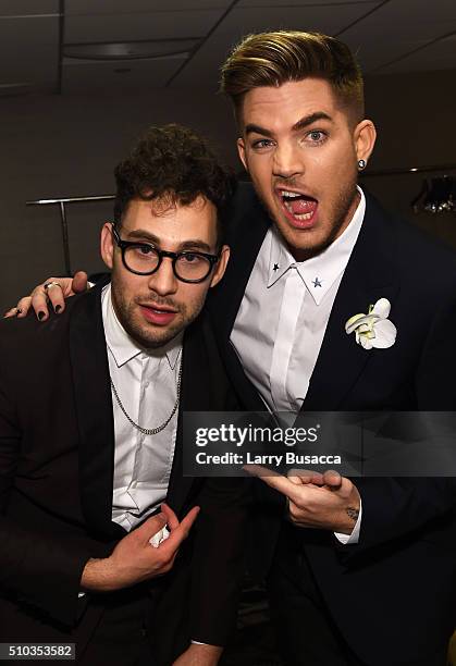 Musician Jack Antonoff and singer Adam Lambert attend the 2016 Pre-GRAMMY Gala and Salute to Industry Icons honoring Irving Azoff at The Beverly...