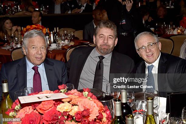 Robert Kraft, James L. Dolan, and honoree Irving Azoff attends the 2016 Pre-GRAMMY Gala and Salute to Industry Icons honoring Irving Azoff at The...
