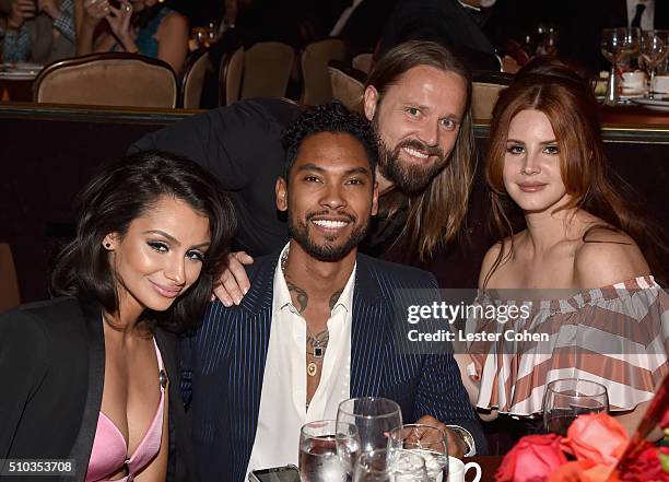 Actress Nazanin Mandi, recording artist Miguel, guest, and recording artist Lana Del Rey attend the 2016 Pre-GRAMMY Gala and Salute to Industry Icons...