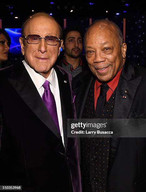 Host Clive Davis and record producer Quincy Jones attend the 2016 Pre-GRAMMY Gala and Salute to Industry Icons honoring Irving Azoff at The Beverly...