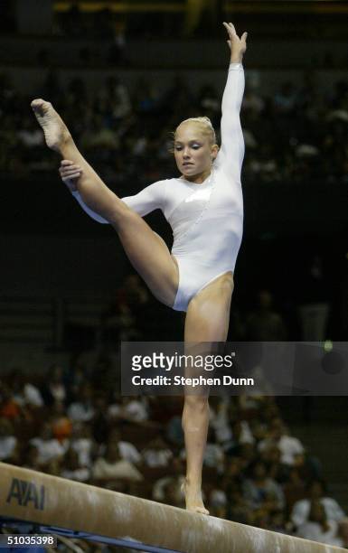 Courtney McCool competes on the balance beam during the Women's finals of the U.S. Gymnastics Olympic Team Trials on June 27, 2004 at The Arrowhead...