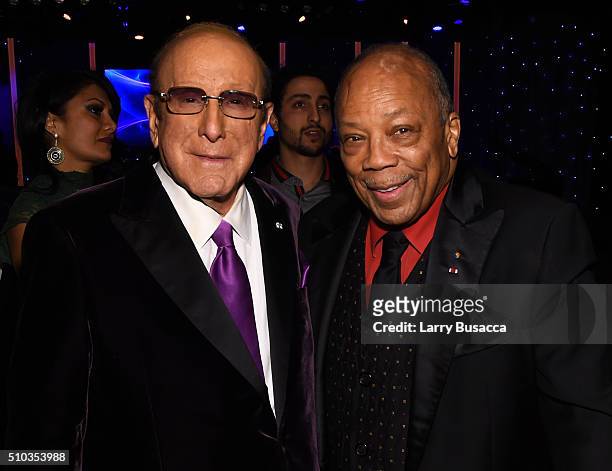 Host Clive Davis and record producer Quincy Jones attend the 2016 Pre-GRAMMY Gala and Salute to Industry Icons honoring Irving Azoff at The Beverly...