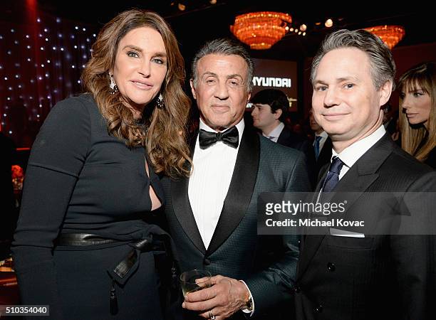 Personality Caitlin Jenner, actor Sylvester Stallone and DuJour CEO Jason Binn attend the 2016 Pre-GRAMMY Gala and Salute to Industry Icons honoring...