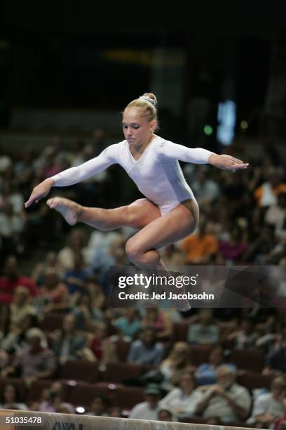 Courtney McCool competes on the balance beam during the Women's finals of the U.S. Gymnastics Olympic Team Trials on June 27, 2004 at The Arrowhead...