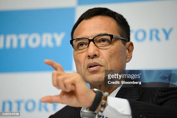 Takeshi Niinami, president of Suntory Holdings Ltd., speaks during a news conference in Tokyo, Japan, on Monday, February 15, 2016. Suntory, the...