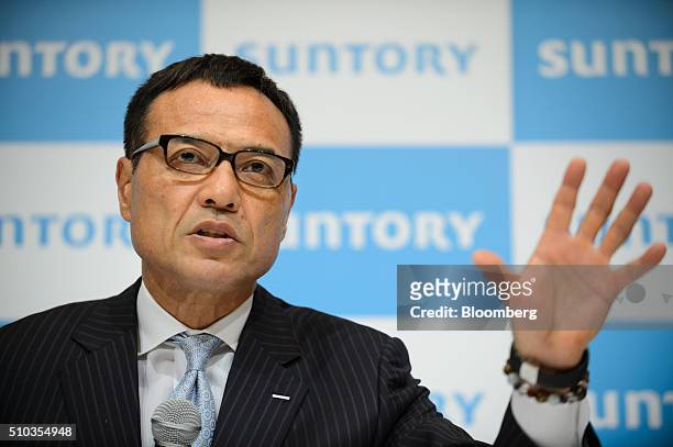 Takeshi Niinami, president of Suntory Holdings Ltd., speaks during a news conference in Tokyo, Japan, on Monday, February 15, 2016. Suntory, the...