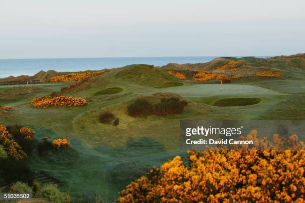 The par 3 'Postage Stamp' 8th hole in the early morning on the Royal Troon Golf Course on April 29, 2004 in Troon, Scotland.