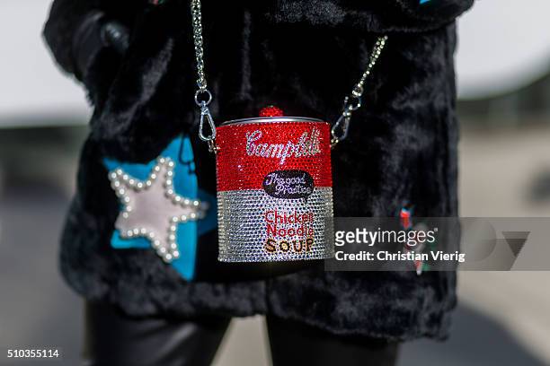 Chicken Noodle Soup can bag seen outside Tibi during New York Fashion Week: Women's Fall/Winter 2016 on February 13, 2016 in New York City.