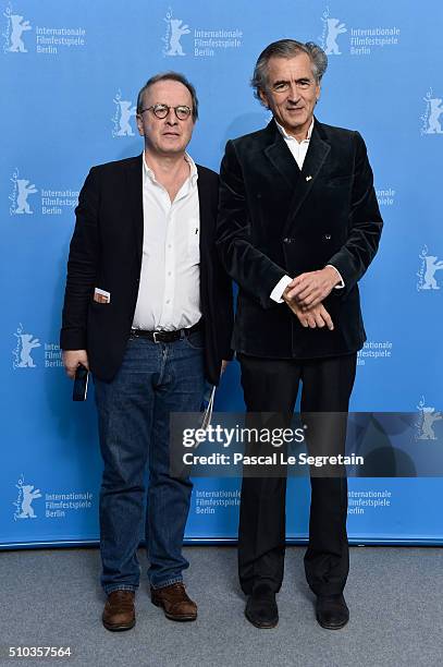 Producer Francois Margolin and writer Bernard-Henri Levy attend the 'Death in Sarajevo' photo call during the 66th Berlinale International Film...