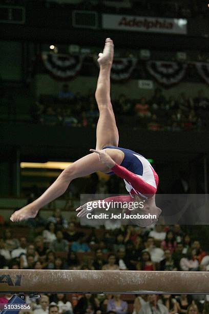 Courtney McCool competes on the balance beam during the Women's preliminaries of the U.S. Gymnastics Olympic Team Trials on June 25, 2004 at The...