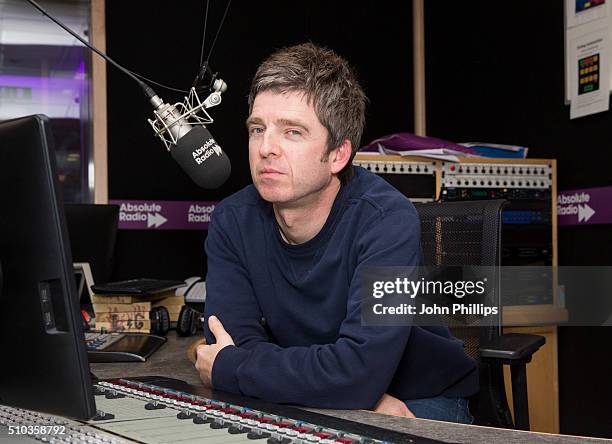 Noel Gallagher hosting a special show for Absolute Radio with co-host, comedian, Matt Morgan on February 11, 2016 in London, England.