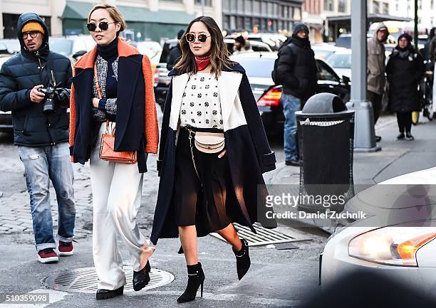 Dani Song and Aimee Song are seen outside the DVF show during New York Fashion Week: Women's Fall/Winter 2016 on February 14, 2016 in New York City.