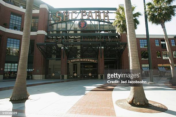 General view of the Willie Mays Plaza entrance to SBC Park, home of the San Francisco Giants before the MLB game against the Los Angeles Dodgers on...
