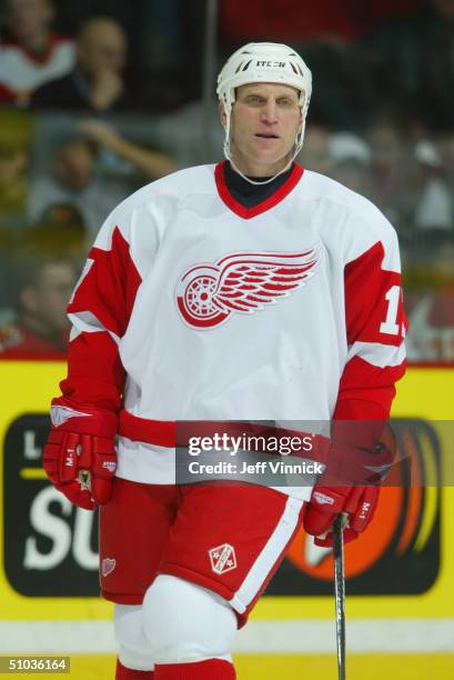 Brett Hull of the Detroit Red Wings skates during Game 3, Round 2 of the NHL Playoffs against the Calgary Flames at Pengrowth Saddledome on April 27,...