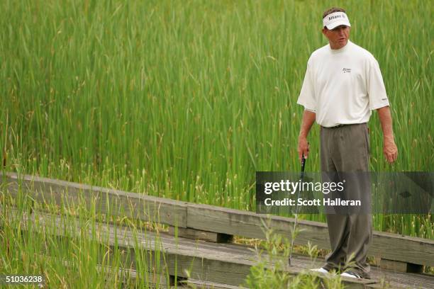 Playing his 250th consecutive Champions Tour event, Dana Quigley crosses a bridge on the 11th hole during the first round of the Ford Senior Players...