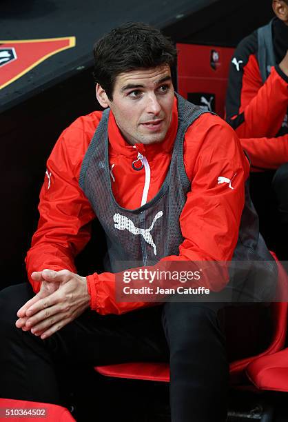 Yoann Gourcuff of Rennes seats on the bench during the French Ligue 1 match between Stade Rennais FC and SCO Angers at Roazhon Park stadium on...