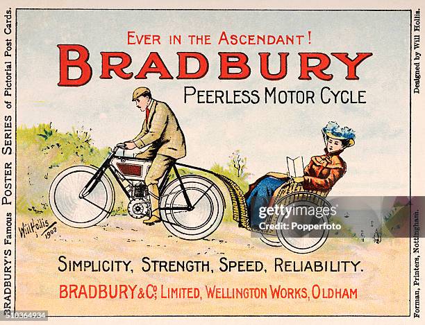 Vintage postcard illustration advertising the Bradbury Motorcycle, manufactured in Oldham, and featuriing a man riding a bicycle conveying a woman up...