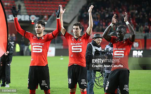Pedro Mendes, Cheikh M'Bengue and Yoann Gourcuff of Rennes celebrate the victory following the French Ligue 1 match between Stade Rennais FC and SCO...