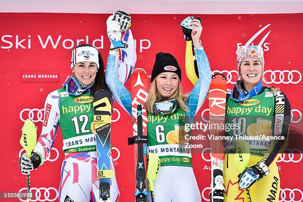 Nastasia Noens of France takes 2nd place, Mikaela Shiffrin of the USA takes 1st place and Marie-Michele Gagnon of Canada takes 3rd place during the...