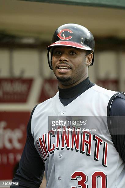 Outfielder Ken Griffey Jr. #30 of the Cincinnati Reds is at the MLB game against the Oakland Athletics at Network Associates Coliseum on June 9, 2004...