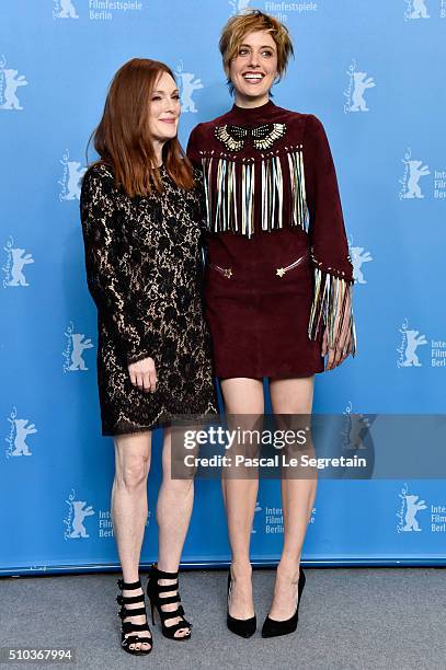 Actresses Julianne Moore and Greta Gerwig attend the 'Maggie's Plan' photo call during the 66th Berlinale International Film Festival Berlin at Grand...