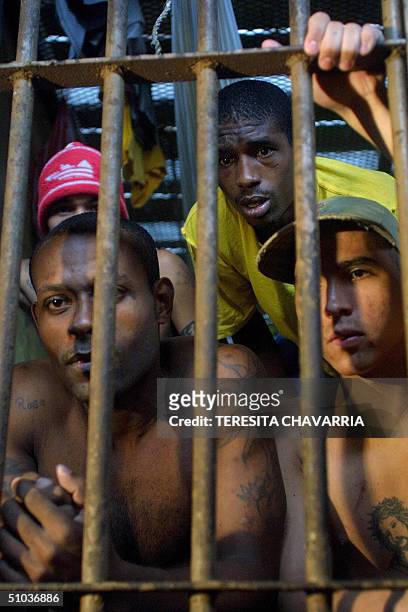 Un grupo de prisioneros de la carcel La Joya se asoman tras los barrotes de su celda el 08 de julio de 2004 durante un recorrido realizado por este...