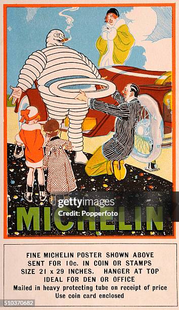 Vintage postcard illustration advertising a Michelin Man poster, featuring details of its purchase, size and use and the poster itself with a family...