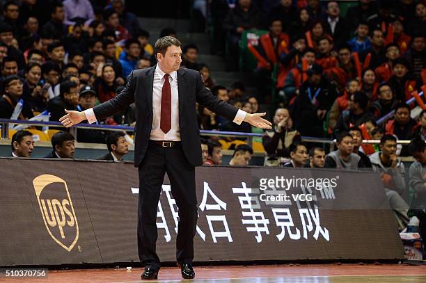 Aleksandar Kesar, head coach of Shandong Golden Stars, looks on during the Chinese Basketball Association 15/16 season play-off quarter-final match...