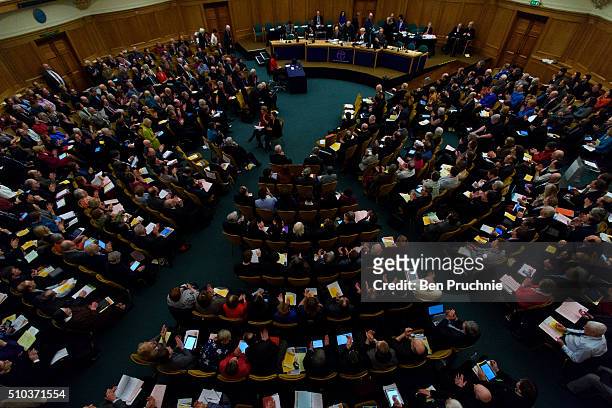 The General Synod listen to a speech by The Archbishop of Canterbury Justin Welby during the General Synod on February 15, 2016 in London, England....