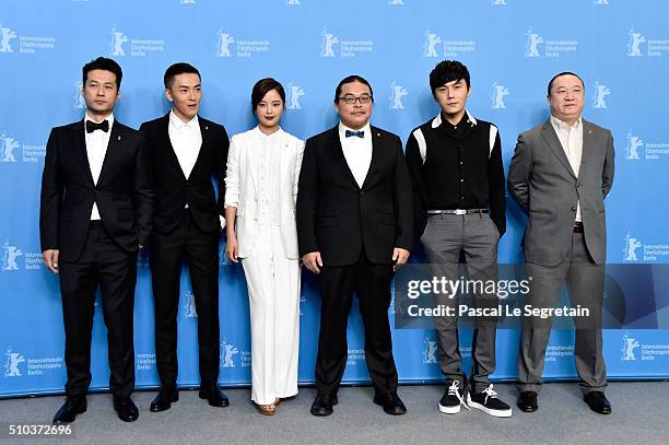 Actors Tan Kai, Wu Lipeng, Xin Zhi Lei, director Yang Chao, actor Qin Hao and producer Wang Yu attend the 'Crosscurrent' photo call during the 66th...