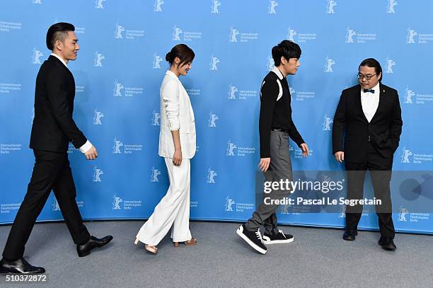 Actors Wu Lipeng, Xin Zhi Lei, Qin Hao and director Yang Chao attend the 'Crosscurrent' photo call during the 66th Berlinale International Film...