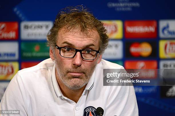 Laurent Blanc, Head coach of PSG speaks at a press conference at Parc des Princes on February 15, 2016 in Paris, France. Blanc labelled Serge Aurier...