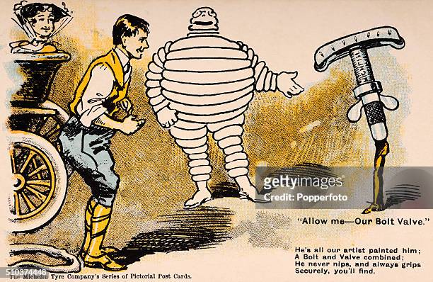 Vintage postcard illustration featuring the Michelin Man advertising their Bolt Valve including two motorists, a vintage automobile and a poem...