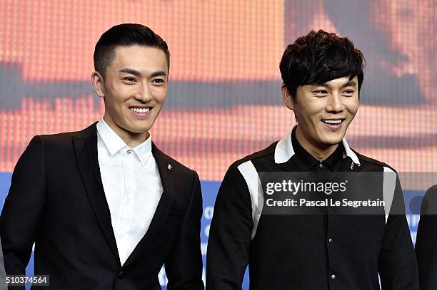Actors Wu Lipeng and Qin Hao attend the 'Crosscurrent' press conference during the 66th Berlinale International Film Festival Berlin at Grand Hyatt...