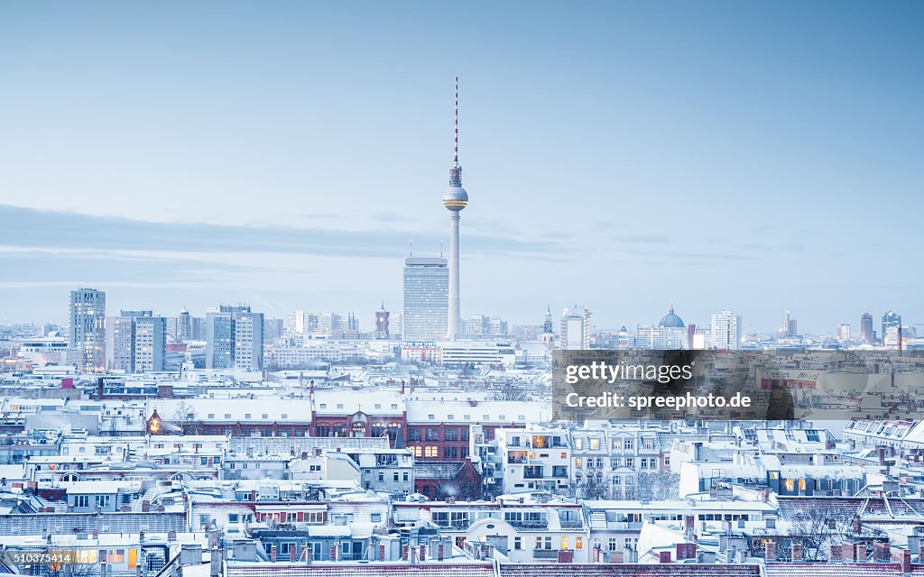 Berlin skyline with snow on the roofs