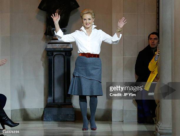 Designer Carolina Herrera poses on the runway at her Fall 2016 fashion show during New York Fashion Week on February 15, 2016 in New York City.