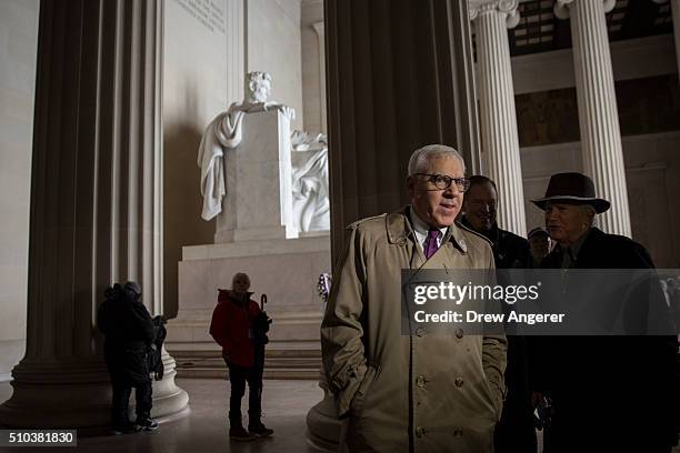 Philanthropist David Rubenstein tours the Lincoln Memorial February 15, 2016 in Washington, DC. Rubenstein announced he is giving 18 million dollars...