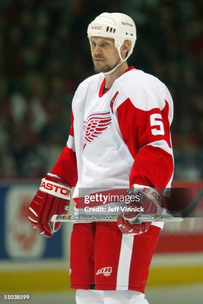Nicklas Lidstrom of the Detroit Red Wings looks on during Game 6, Round 2 of the NHL Western Conference Semifinals against the Calgary Flames at the...