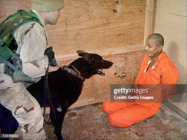 In this undated still photo, an Iraqi detainee at Abu Ghraib Prison appears to be intimidated by a U.S. Soldier using an trained dog. MANDATORY...