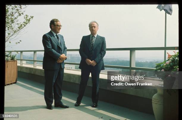 Former Secretary Of State Henry Kissinger Speaks With Israeli Leader Yitzhak Rabin In Washington, Dc. Kissinger Helped Negotiate Peace Agreements...