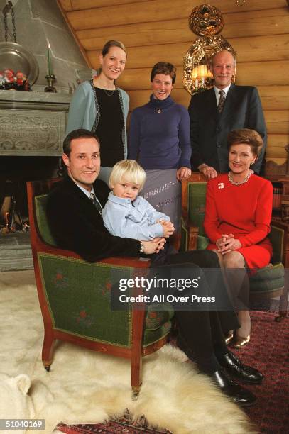 Members Of Norway's Royalty From Back Left, Mette-Marit, Princess Martha Louise And King Harald, And In Front, Crown Prince Haakon With His Son...