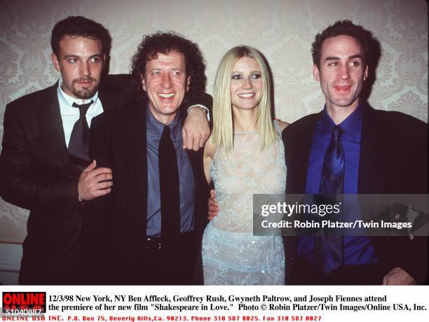 New York, Ny Ben Affleck, Geoffrey Rush, Gwyneth Paltrow, And Joseph Fiennes Attend The Premiere Of Her New Movie "Shakespeare In Love."