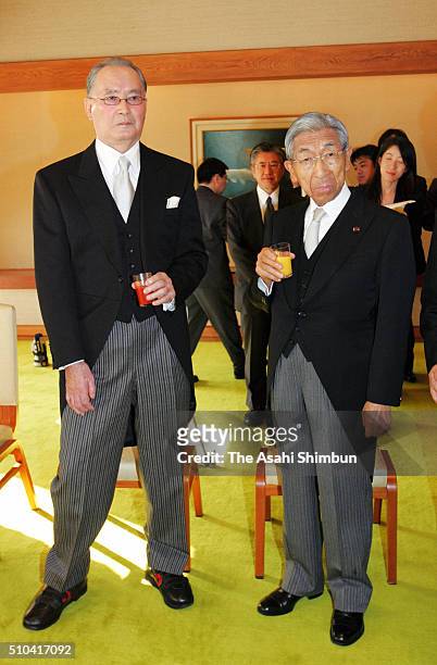 Prince Mikasa talks with former baseball player and Cultural merit laureate Shigeo Nagashima during the tea party hosted by Emperor and Empress at...