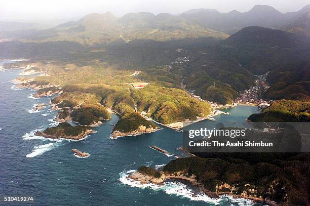 In this aerial image, Yunozu hot spring and Yunozu port are seen on November 71, 2005 in Oda, Shimane, Japan.