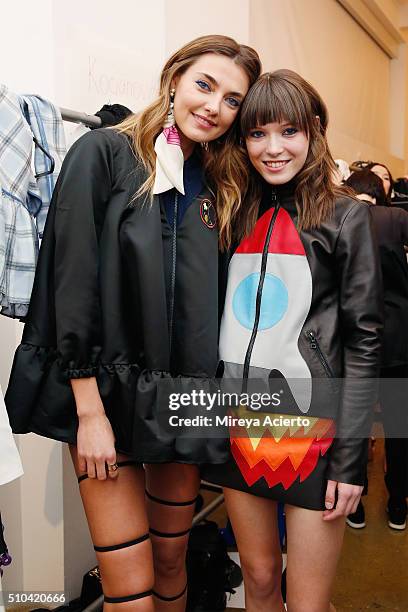 Alina Baikova and fashion designer Anna Karenina poses backstage at the Anna K fashion show during Fall 2016 MADE Fashion Week at Milk Studios on...