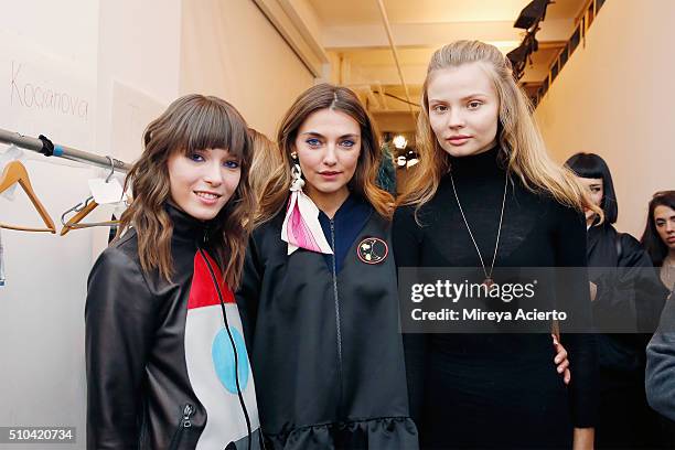 Fashion designer Anna Karenina, Alina Baikova and model Magdalena Frackowiak pose backstage at the Anna K fashion show during Fall 2016 MADE Fashion...