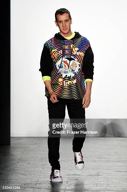 Designer Jeremy Scott poses on the runway at his Fall 2016 fashion show during New York Fashion Week: The Shows at The Arc, Skylight at Moynihan...