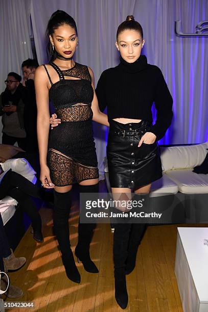 Models Chanel Iman and Gigi Hadid pose together at the Sports Illustrated Swimsuit 2016 - Swim City at the Altman Building on February 15, 2016 in...